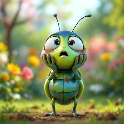 The primary subject of the image is a cartoon-like green and blue insect, possibly a grasshopper or a beetle, with a surprised expression on its face. The insect is standing in a grassy field with flowers surrounding it. The setting appears to be a lush, colorful environment, possibly a garden or a park. The visual style of the image is a combination of digital art and illustration, giving it a vibrant and playful appearance. The colors and mood of the image are predominantly green